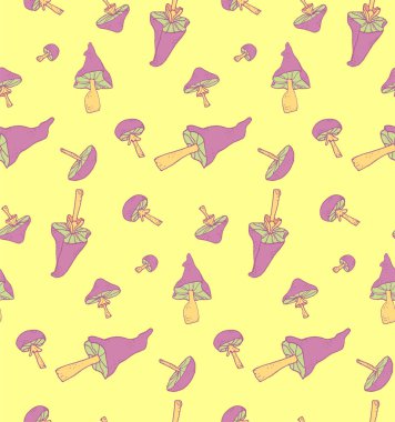 Kusursuz desen ve organik, sağlıklı ve vejetaryen yiyecekler paketlemek için arka plan. Orman mantarlarının doğrusal bitki desen vektörü