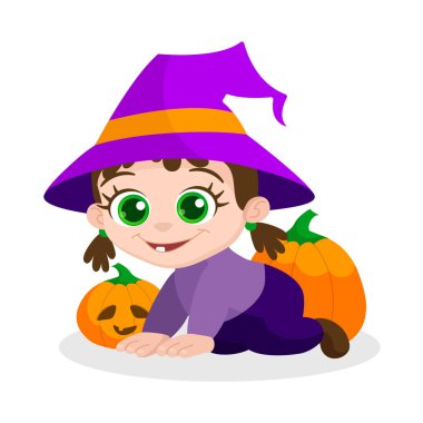 Cadı şapkası takmış tatlı küçük bir kız, balkabağı arka planında. Vektör Cadılar Bayramı illüstrasyonu