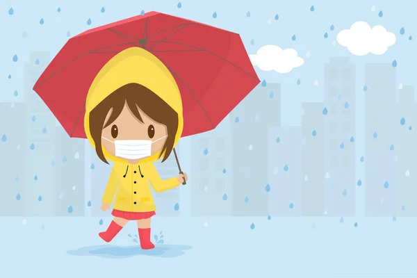 Cute Sick Girl Playing Red Umbrella Rain — Stock Vector