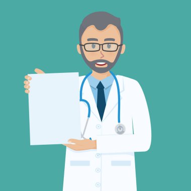 Mutlu kıdemli Doktor boş kağıt elinde gösterir..