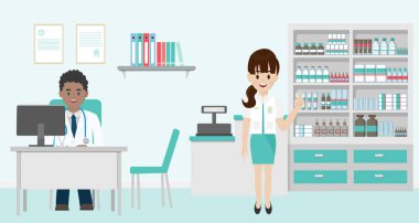 Sağlık ekibi, doktor ve hastane vektör ve eczacı. 