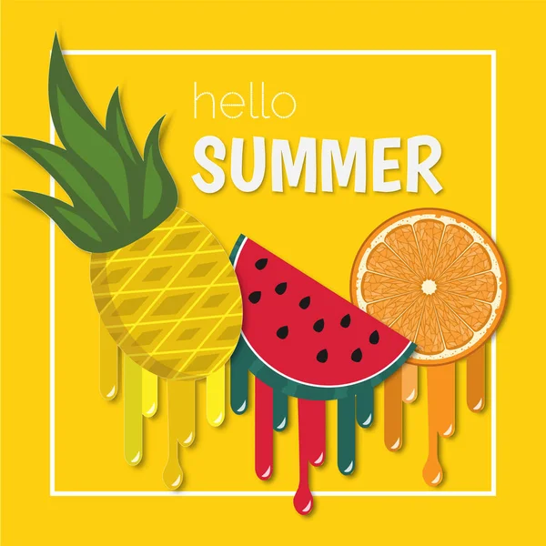 Hello Summer Fruit Melting Vector Banner Paper Cut Style — Stock Vector