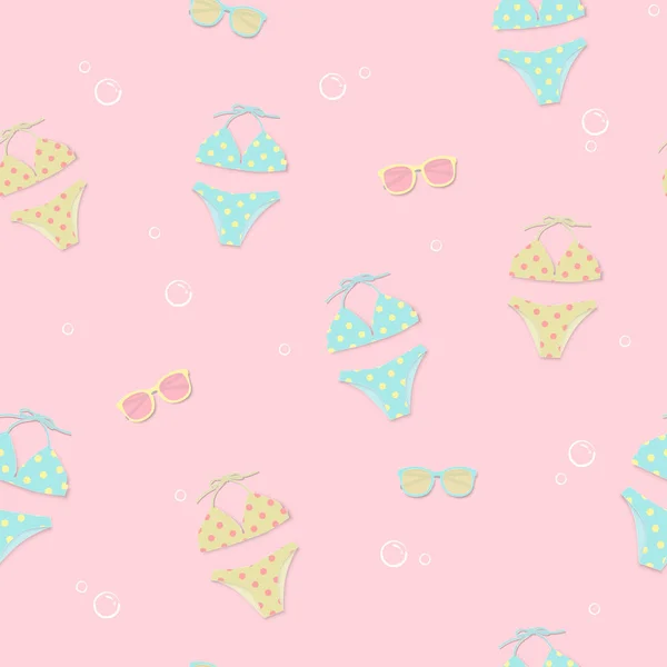 Şirin bikini ve güneş gözlüğü sorunsuz yaz desen arka plan.