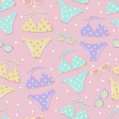 Şirin bikini ve güneş gözlüğü sorunsuz yaz desen arka plan.