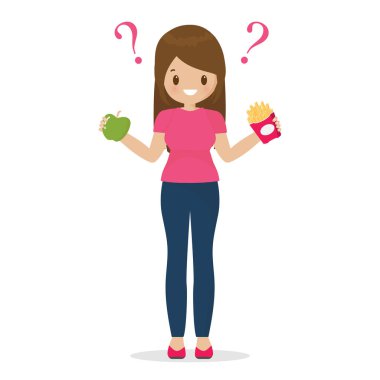 Elma ve patates kızartması sağlıklı kavram seçerek kadın.