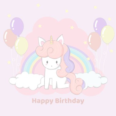 Tek boynuzlu at parti mutlu Doğum günü kartı şirin el çekilmiş.