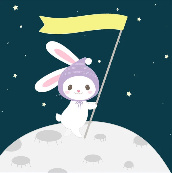 Niedlicher Cartoon Hase Mit Wehender Fahne Auf Dem Mond Handgezeichnete — Stockvektor
