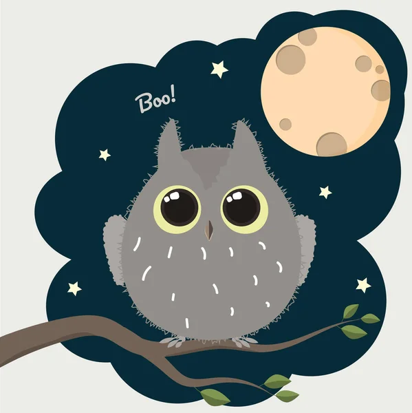 Sevimli çizgi baykuş dolunay düz stil vektör Cadılar Bayramı posteri ile.