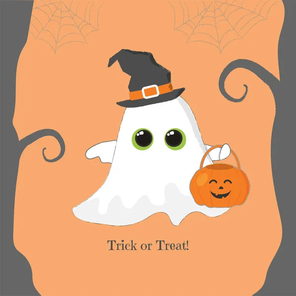 Cadılar Bayramı afiş, sevimli yeşil yuvarlak gözleri fllying hayalet balkabağı fener ile gecede forrest.