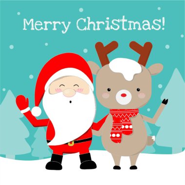Sevimli Noel Baba ve Ren geyiği karda, güzel Noel arka plan ayakta çizgi film.