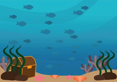 Underwater landscape with school of fishes and tresure box for background. clipart