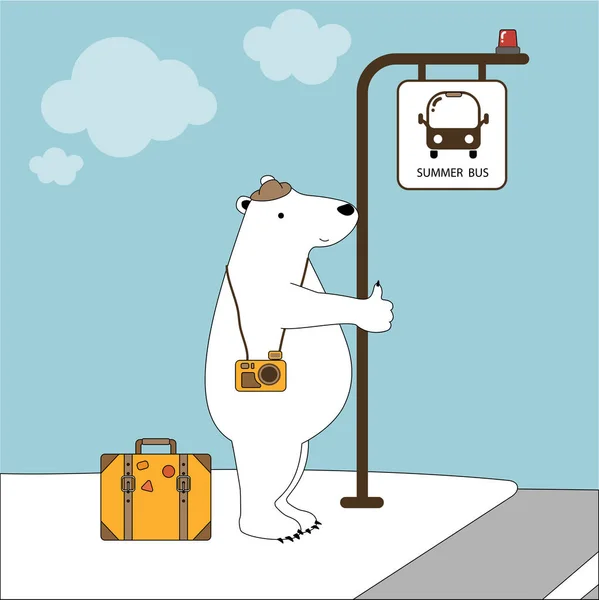 Şirin kutup ayısı tatil yaz günü, otobüs durağında el çekilmiş stil vektör.