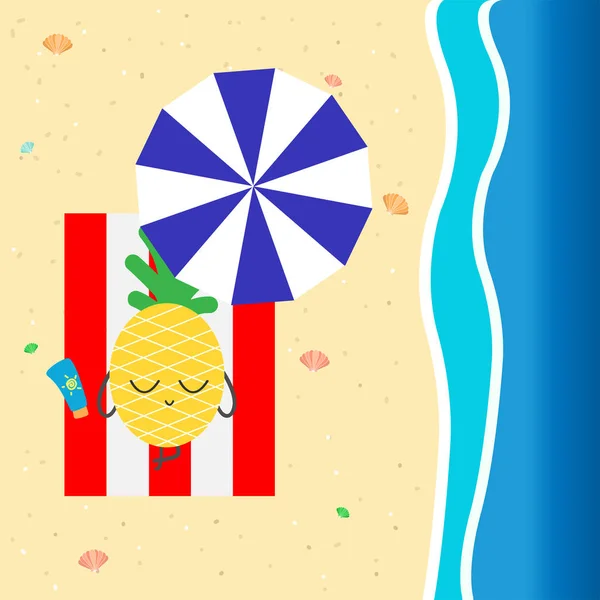 Cute Pineapples Sleeping Beach Summer Banner Vector Template — Stock Vector