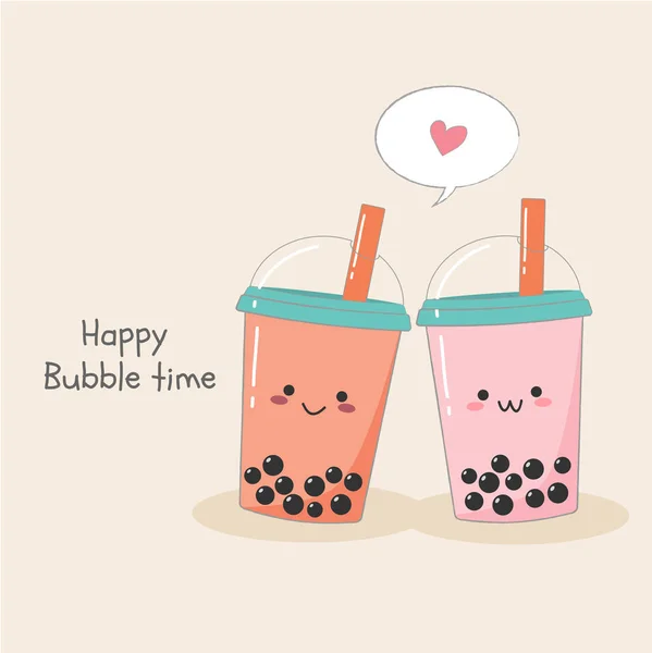 Cute Couple Bubble Milk Ice Tea Plastic Container Vector Card — Stock Vector