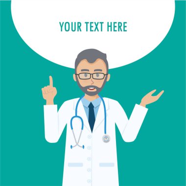 Mutlu kıdemli doktor doktor bilgi başlık vektör afiş sunan.