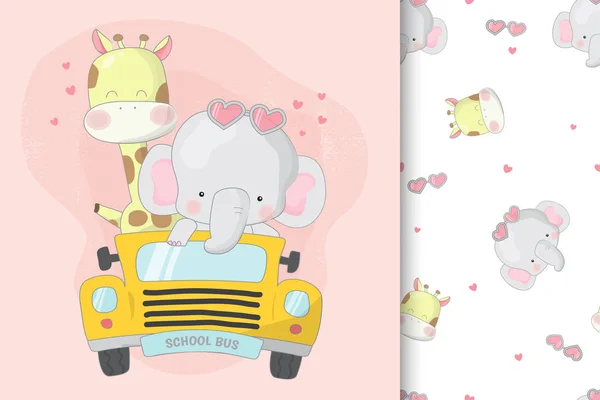 Sorunsuz desen seti ile okul otobüsünde sevimli zürafa ve fil. Okul konseptine geri dön.