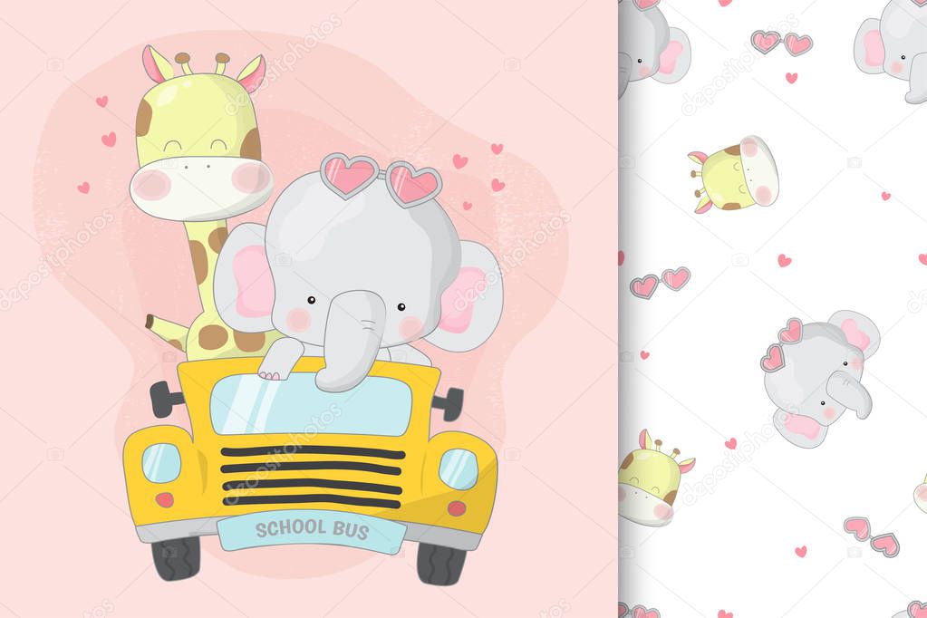 Cute giraffe and elephant on school bus with seamless pattern set. Back to school concept.