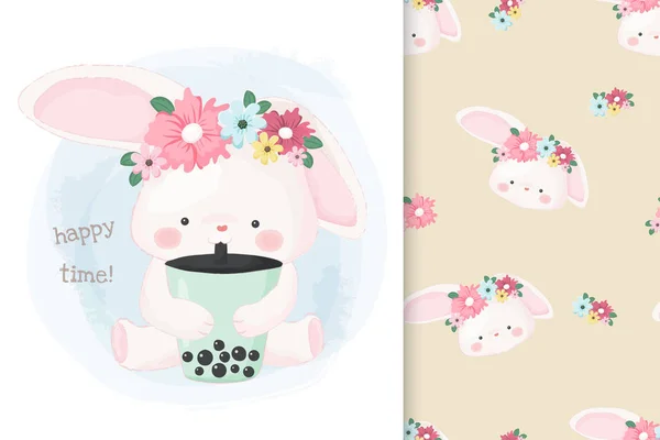 Sevimli el çizilmiş tavşan desen seti ile kabarcık süt çay içme