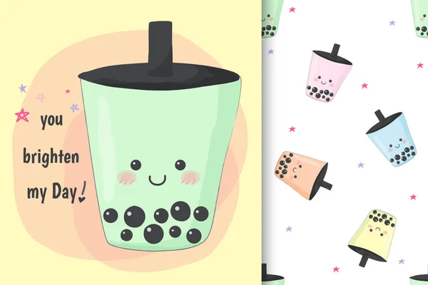 Sorunsuz desen seti ile sevimli el çizilmiş kabarcık süt yeşil çay afiş.