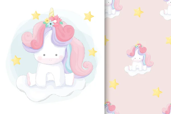 Sorunsuz desen seti ile sevimli el çizilmiş tek boynuzlu at