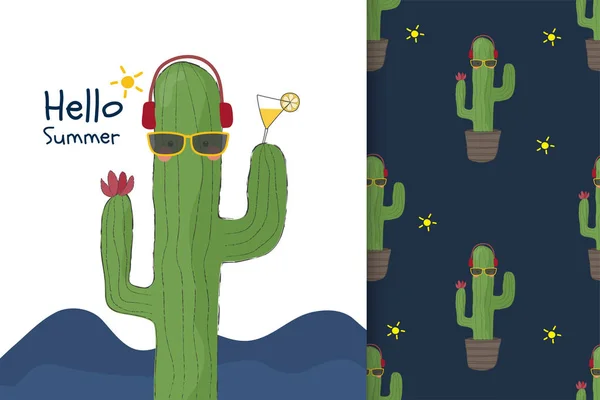 Pürüzsüz desen seti ile sevimli el çizilmiş kaktüs yaz arka plan 