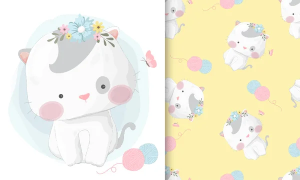 Sorunsuz desen seti ile sevimli el çizilmiş kedi 