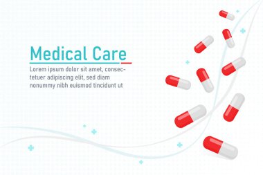 Medical care with red and white capsule pills vector background clipart