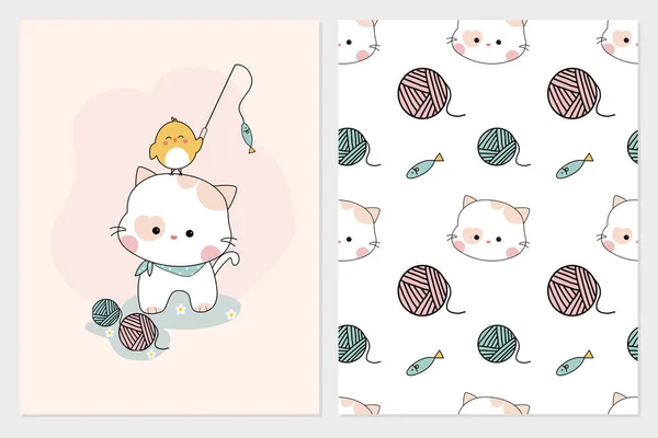 Kart, ambalaj kağıdı ya da web afişi için, kusursuz çizim vektör desenli şirin el çizimi kedicik ve piliç. 