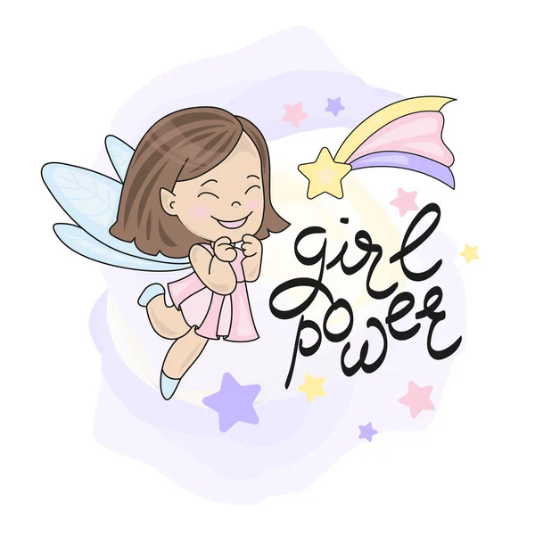 Fairy Fly Star Niña Carta Ilustración Vectorial Dibujo Mano Texto — Vector de stock