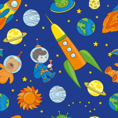 Dikişsiz desen Spaceman renk vektör çizim Magic karikatür resmi Scrapbooking Babybook baskı kartı ve albüm fotoğraf olduğunu