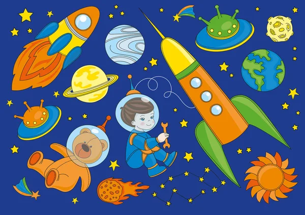 Space Vector Illustration Spaceship Fargerik Tegnefilm Scapbooking Babybook Print Card – stockvektor