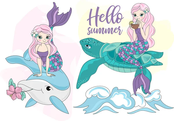 Sea Ocean Tropical Summer Vector Ilustração Colorida Mermaid Turtle Projetos —  Vetores de Stock
