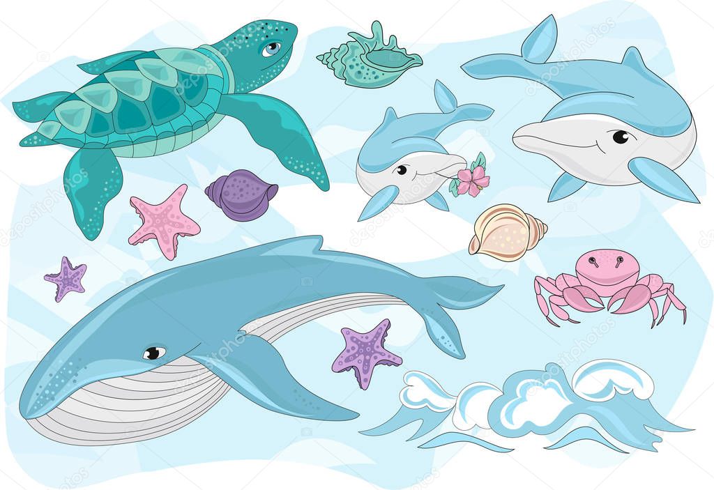 Sea Ocean Tropical Summer Vector Colorful Illustration SEA CREATURES art projects, prints, T-shirts, posters, bags, scrapbooking, cardmaking, planner stickers, postcards, invitations, fabrics, birthday parties, greeting cards, home decorations