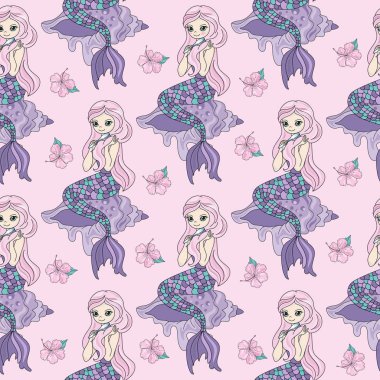 Deniz Dikişsiz desen renkli vektör deniz kızı kağıt için Doğum günü ve düğün, duvar süslemeleri, Scrapbooking, bebek kitap, fotoğraf albümleri ve kartı yazdır