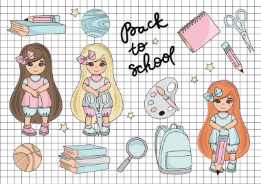 Okul kız renk vektör çizim Scrapbooking Babybook ve dijital baskı kartı ve fotoğraf çocuk albümleri için sihirli karikatür resmi hakkında ayarla