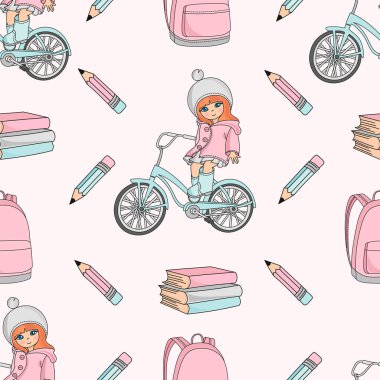 Okul Dikişsiz desen vektör çizim kız Doğum günü ve düğün, duvar süslemeleri, Scrapbooking, bebek kitap, fotoğraf albümleri ve kart baskı için bisiklet kağıt üzerinde