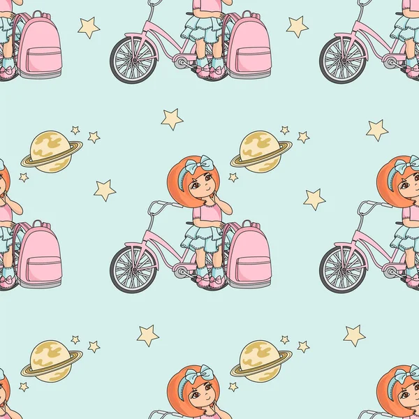 School Seamless Pattern Vector Illustration GIRL AND PLANET Paper for Birthday and Wedding Party, Wall Decorations, Scrapbooking, Baby Book, Photo Albums and Card Print