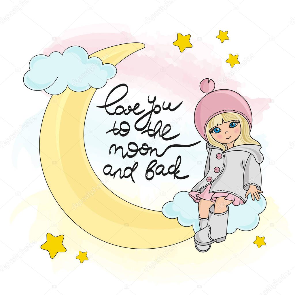 MOON GIRL Color Vector Illustration Set for Scrapbooking and Digital Print on Card and Photo Childrens Albums