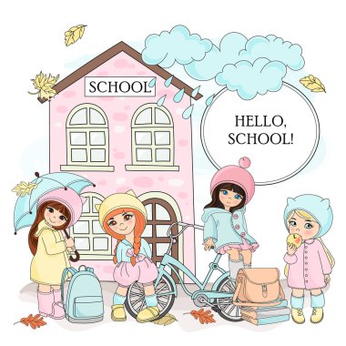 Sonbahar renk vektör çizim seti Merhaba okul Scrapbooking Babybook ve dijital baskı kartı ve fotoğraf çocuk albümü için