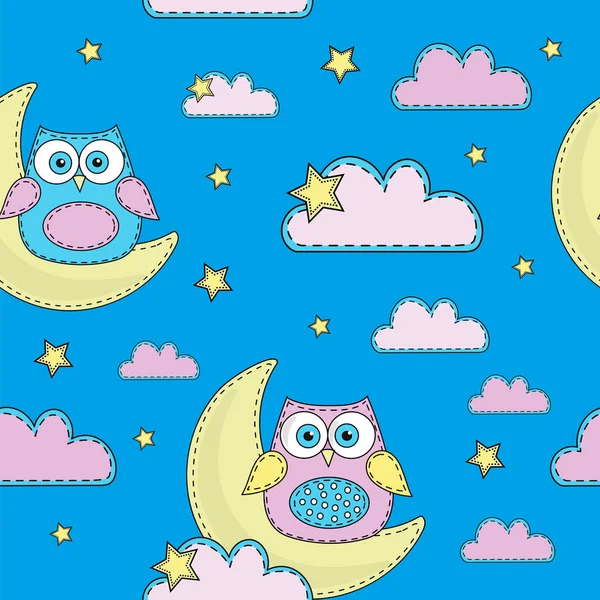 Cartoon Seamless Pattern Colore Vettoriale Illustrazione Blue Owl Carta Compleanno — Vettoriale Stock