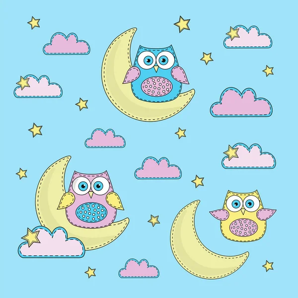 Set Illustrazione Vettoriale Colori Del Fumetto Sky Blue Owl Scrapbooking — Vettoriale Stock