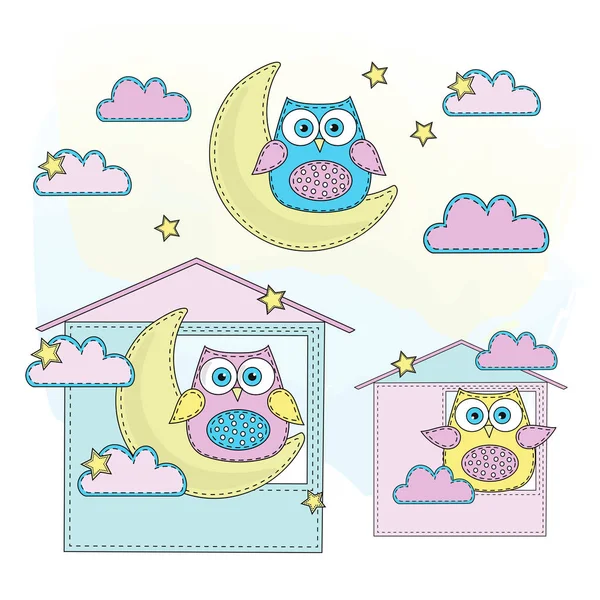 Cartoon Color Vector Illustration Set Owl Scrapbooking Babybook Digital Print — Stock Vector