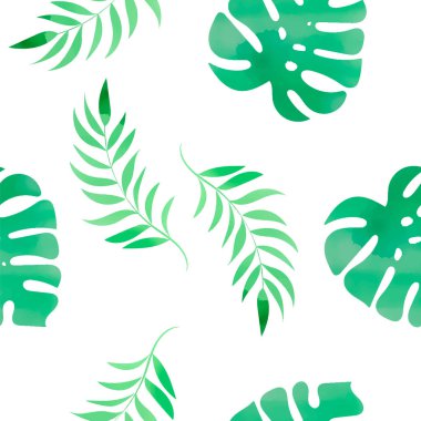 Çiçek renk suluboya Dikişsiz desen tropikal Monstera yeşil yaprakları Scrapbooking parti için beyaz arka plan üzerinde ve dijital parmak izi kartı ve fotoğraf albümü