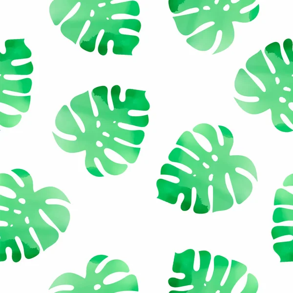 Цветочный Акварель Акварель Бесшовный Узор Monstera Зеленых Листьев Белом Фоне — стоковый вектор