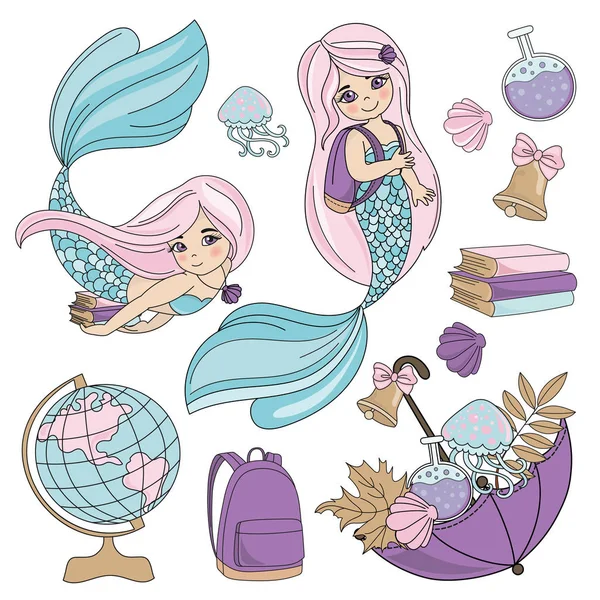 Școală Toamnă Mare Vector Subacvatic Set Ilustrații Mermaid Pupil Pentru — Vector de stoc