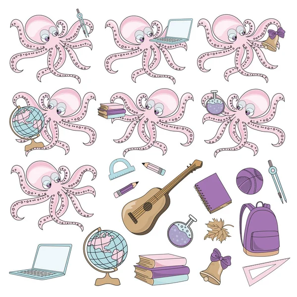 Școală Toamnă Mare Subacvatică Vector Set Ilustrații Octopus Pupil Pentru — Vector de stoc