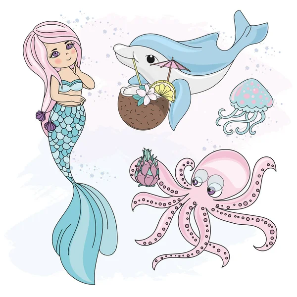 Escola Outono Mar Subaquático Vetor Ilustração Set Mermaid Cocktail Para —  Vetores de Stock