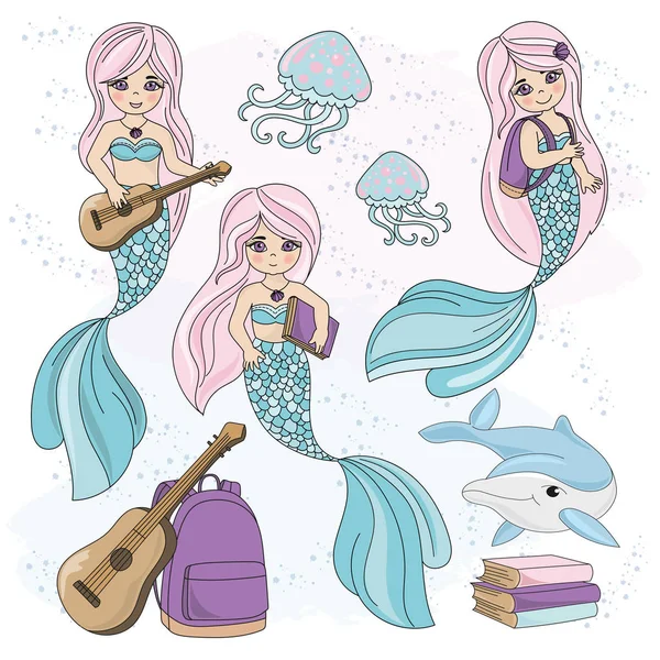 Ensemble Illustration Vectorielle Sous Marine Automne Scolaire Mermaid Kids Pour — Image vectorielle