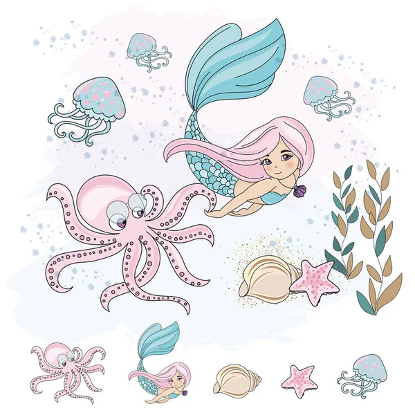 Set Illustrazione Vettoriale Sottomarina Autunno Scolastico Mermaid Octopus Stampa Digitale — Vettoriale Stock
