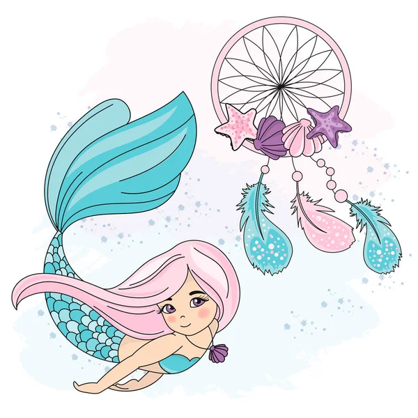 School Autumn Sea Underwater Vector Illustration Set Mermaid Dreamcatcher Digital — Stock Vector